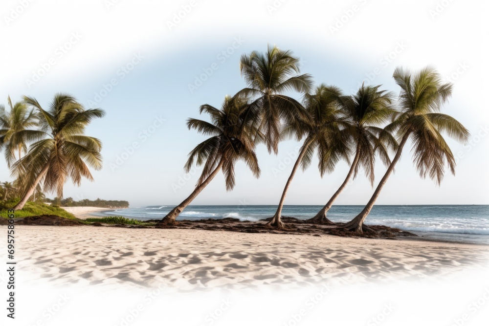 Palm trees standing tall on a sandy beach, perfect for tropical vacation or beach-themed designs
