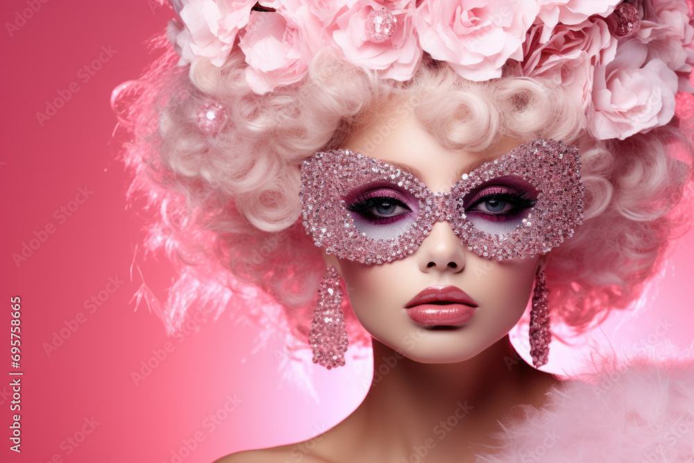 Stylish lady in a pink wig and rose headdress, wearing a sparkling masquerade mask against a vibrant pink background.