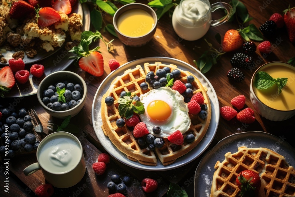 A delicious plate of waffles topped with a variety of fresh fruits and a perfectly cooked egg. This appetizing image can be used to showcase a healthy breakfast or brunch option