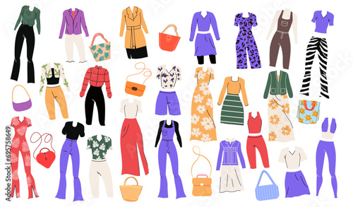 A set of things for girls and women. Pants, dresses, coats, jackets, shirt in flat style. Vector stock illustration. Isolated. Cartoon. Wardrobe. Sports and classic clothing. Bags hand drawn. 