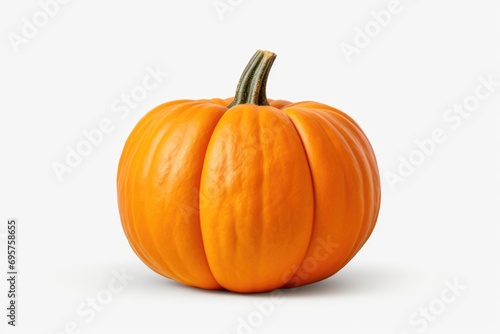 A small orange pumpkin resting on a white surface. Perfect for fall-themed decorations or Halloween projects photo