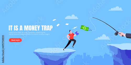 Fishing money chase business concept with businessman running after dangling dollar jumps over the cliff. photo