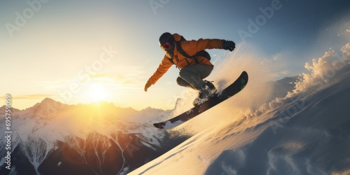 A man riding a snowboard down a snow covered slope. Perfect for winter sports and adventure themes © Fotograf