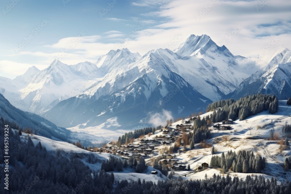 Snow covered mountain range with a picturesque village in the foreground. Perfect for winter landscapes and travel destinations