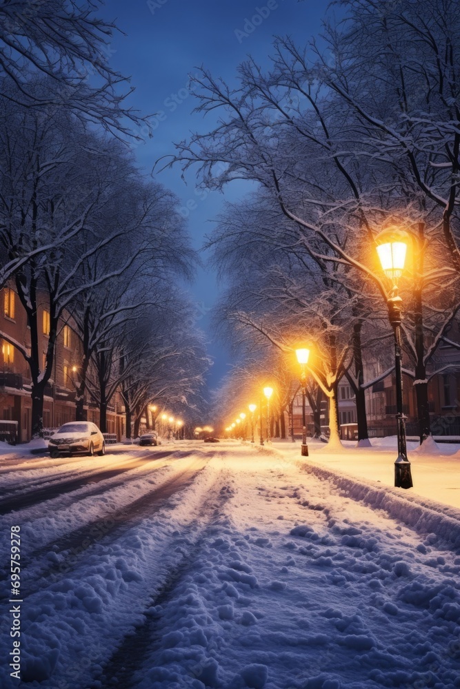 A picturesque snowy street lined with trees and street lights. Perfect for winter-themed designs and holiday greetings