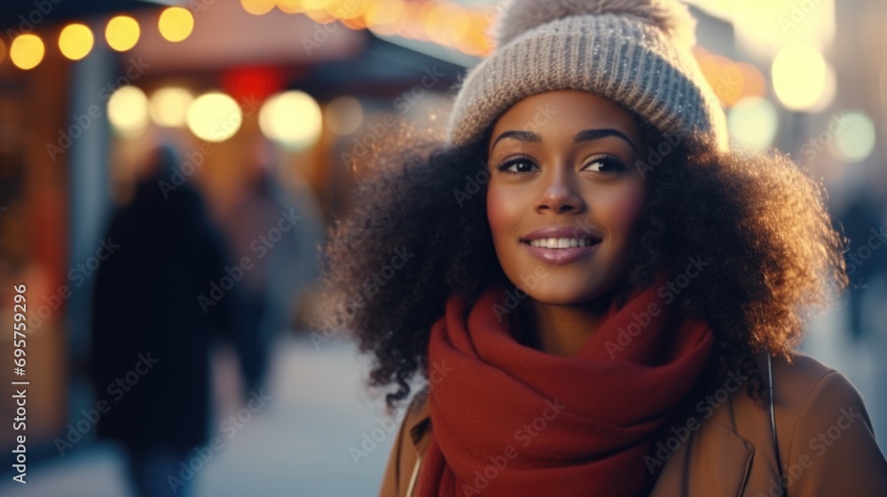 A woman is pictured wearing a hat and scarf on a city street. This image can be used to depict winter fashion or urban lifestyle