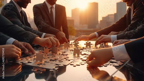 A group of business people engaging in a game of jigsaw puzzle. Suitable for team building activities or illustrating problem-solving in a corporate setting