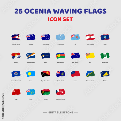 Oceania national waving flags. Cute Style Vector Illustration.