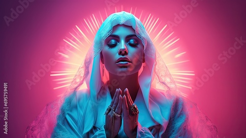 Spiritual Aura: Woman in Prayer with Radiant Halo - Inspiring Religious Image photo