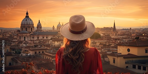 Capturing essence of italy. Mesmerizing shot young woman immerses herself in beauty of Italian city. Dressed in fashionable hat stands against backdrop of iconic European architecture