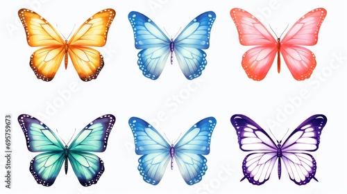 A collection of four different colored butterflies captured against a clean white background. Perfect for nature-themed projects and designs © Fotograf