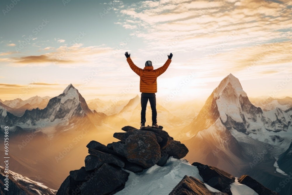 A man standing on top of a mountain with his arms in the air. Suitable for adventure, success, and freedom concepts.