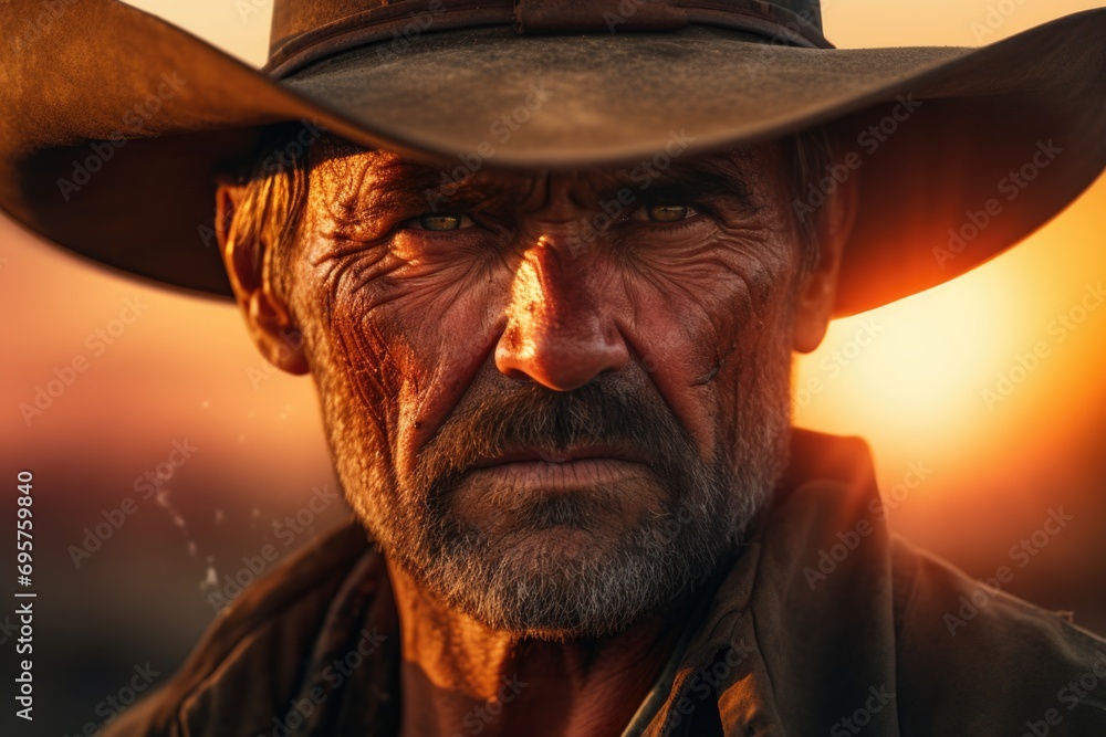 A man in a cowboy hat looks directly at the camera. This image can be used for various purposes such as advertisements, blog posts, or social media profiles A man in a cowboy hat looks directly at the camera. This image can be used for various purposes such as advertisements, blog posts, or social media profiles