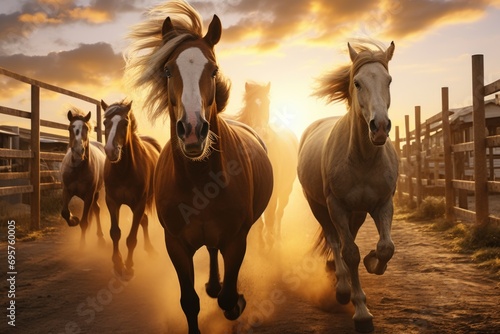 Horses running together down a dirt road. Suitable for outdoor and nature-themed projects © Fotograf
