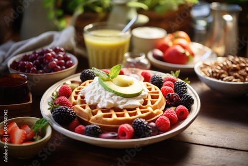 A plate of waffles topped with whipped cream and fresh fruit. Perfect for a delicious breakfast or brunch