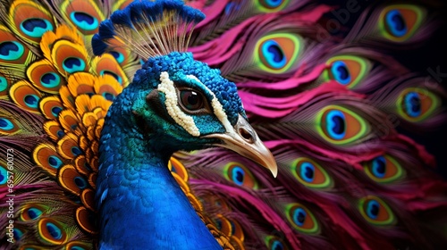 A close-up of a regal peacock displaying its vibrant plumage, the intricate patterns and brilliant colors captured in breathtaking detail