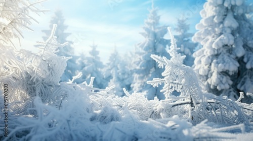 A winter scene of a forest covered in snow. Perfect for nature enthusiasts or winter-themed projects