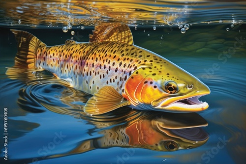 A picture of a large brown trout swimming in a body of water. Perfect for fishing enthusiasts or nature enthusiasts looking for a serene aquatic scene