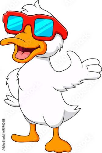 Illustration of a cute cartoon duck mascot wearing glasses waving