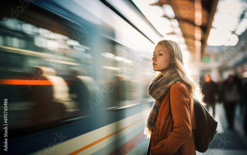 young and beautiful woman standing at railway platform