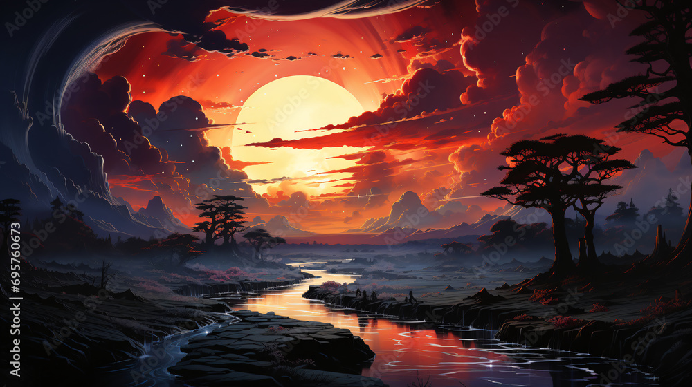 Illustration of sunset and river. Illustration of sunset and river.