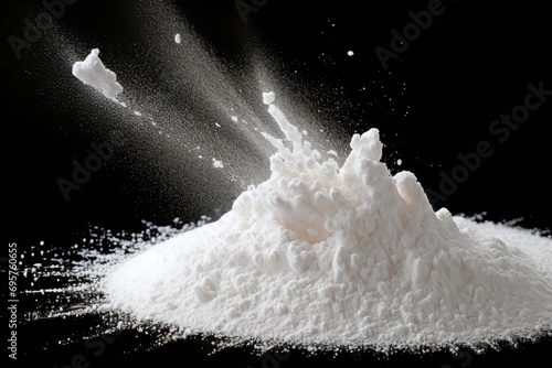 A pile of white powder on a black background. Versatile image suitable for various applications photo