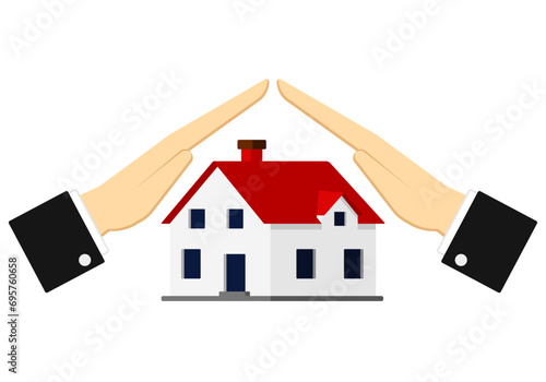 Hands protect the house. The home is under the control of a real estate agent to protect the home for clients, insurance, home buyers