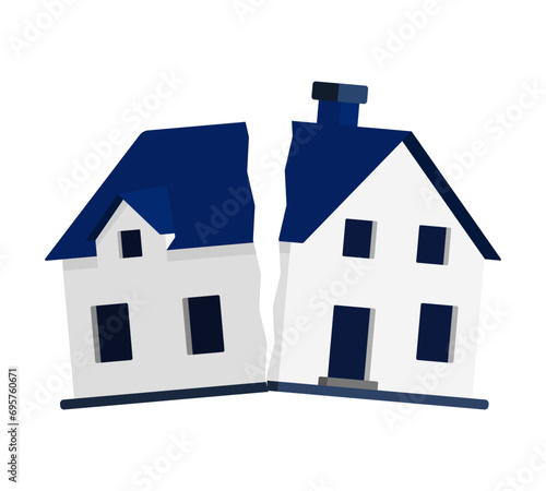 Damaged house. The house is divided in half. Vector illustration