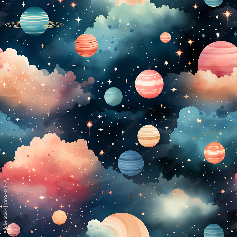 Fototapeta premium Dreamy galaxy patterns with stars, planets, and celestial elements in cute and pastel hues , Mystical Galaxy Digital Paper , Mystical Galaxy Seamless Pattern , generative AI illustration