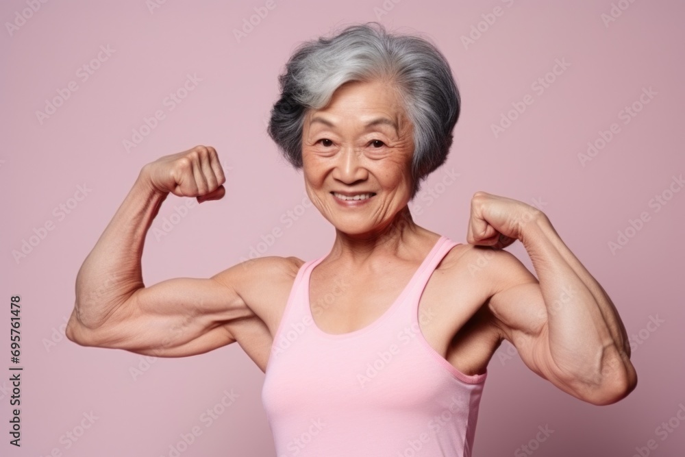 An older woman confidently flexes her muscles against a vibrant pink background. This image can be used to depict strength, fitness, and empowerment An older woman confidently flexes her muscles against a vibrant pink background. This image can be used to depict strength, fitness, and empowerment
