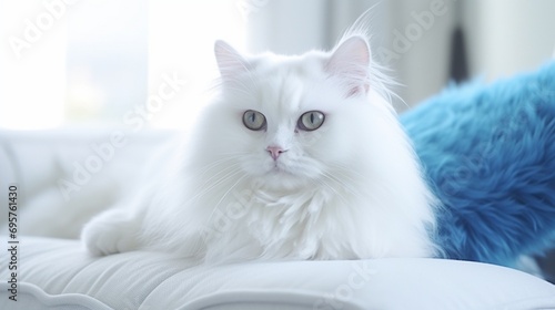 A fluffy white cat with striking blue eyes resting on a fluffy pillow, its serene expression and luxurious fur creating a scene of feline tranquility