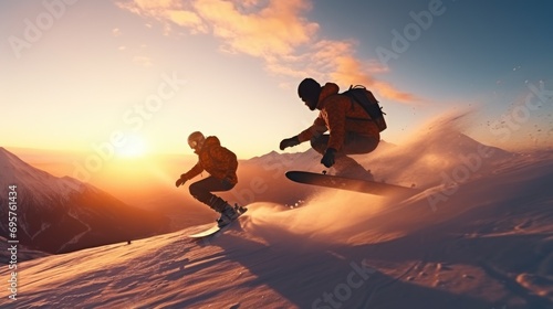 A picture of a couple riding snowboards down a snow covered slope. Perfect for winter sports enthusiasts or travel brochures promoting snowy destinations