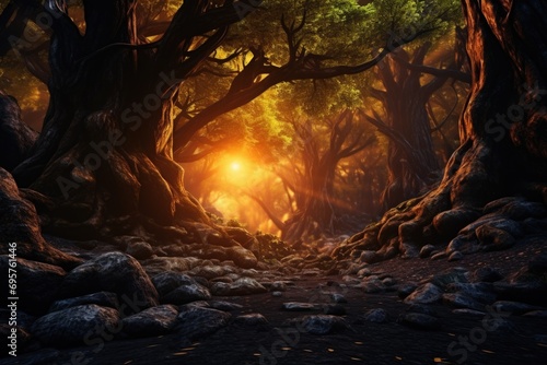 Sunlight shining through the trees in a beautiful forest. Perfect for nature and outdoor themed projects