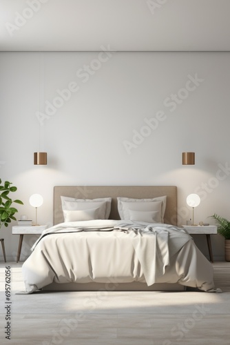 A simple and cozy bedroom with a comfortable bed and a green plant in the corner. Perfect for home decor or interior design themes © Fotograf