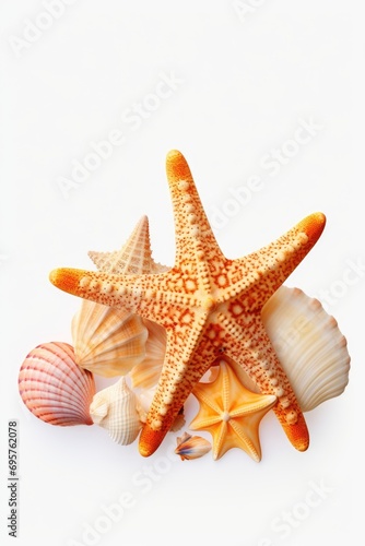 Starfish and shells arranged on a white surface. Perfect for beach-themed designs and coastal decorations