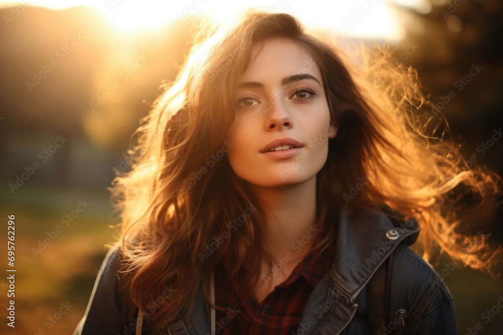 A woman with long hair standing in a field. Suitable for nature and outdoor lifestyle themes A woman with long hair standing in a field. Suitable for nature and outdoor lifestyle themes