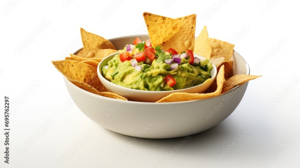 Freshly made guacamole served in a bowl, accompanied by crispy tortilla chips. Perfect for parties and gatherings Freshly made guacamole served in a bowl, accompanied by crispy tortilla chips. Perfect for parties and gatherings
