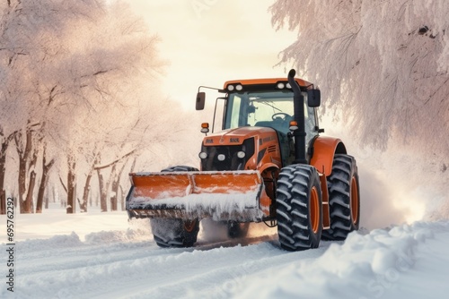 A tractor plowing snow on a road. Ideal for winter maintenance and snow removal projects