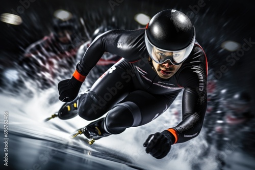 A man in a black and red outfit is racing down a hill. Ideal for sports or fitness-related projects photo