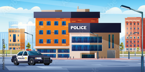 Police station building with patrol car on cityscape background. Police department office and city landscape vector illustration