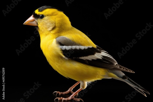 A yellow and black bird standing on a black surface. Suitable for nature-themed designs and wildlife articles photo