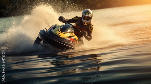 A man is seen riding a jet ski on top of a body of water. This image can be used to depict leisure activities, water sports, summer fun, or vacation destinations © Fotograf