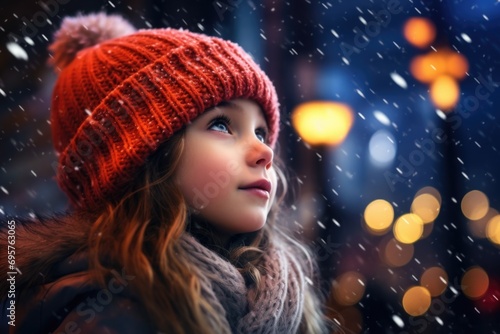 A cute little girl wearing a red hat and scarf. Perfect for winter-themed projects or holiday promotions