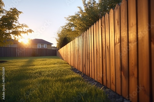 A picturesque scene of a wooden fence in a backyard with the sun setting behind it. Ideal for adding a touch of nature and tranquility to any project