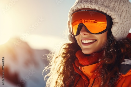 A woman wearing a hat and goggles in the snow. Perfect for winter sports and outdoor activities