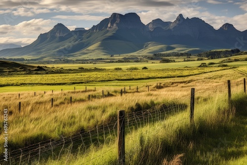 A picturesque field with a fence in the foreground and majestic mountains in the background. Perfect for nature and landscape enthusiasts