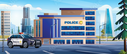 Police station building with patrol car and city landscape. Police department office. Cityscape background vector cartoon illustration