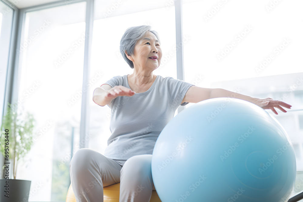 Senior Asian woman doing exercise with a swiss ball at a gym - obrazy, fototapety, plakaty 