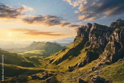 A breathtaking view of a mountain range at sunset. Perfect for nature lovers and landscape enthusiasts