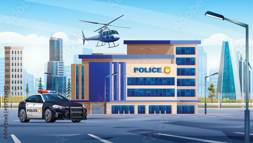 Police station building with patrol car and helicopter in city landscape. Police department office on cityscape background vector cartoon illustration photo